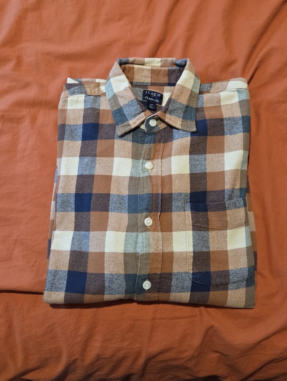 J. Crew Factory Plaid Flannel Button-Down Shirt Rust, Navy & Cream Men's Medium
